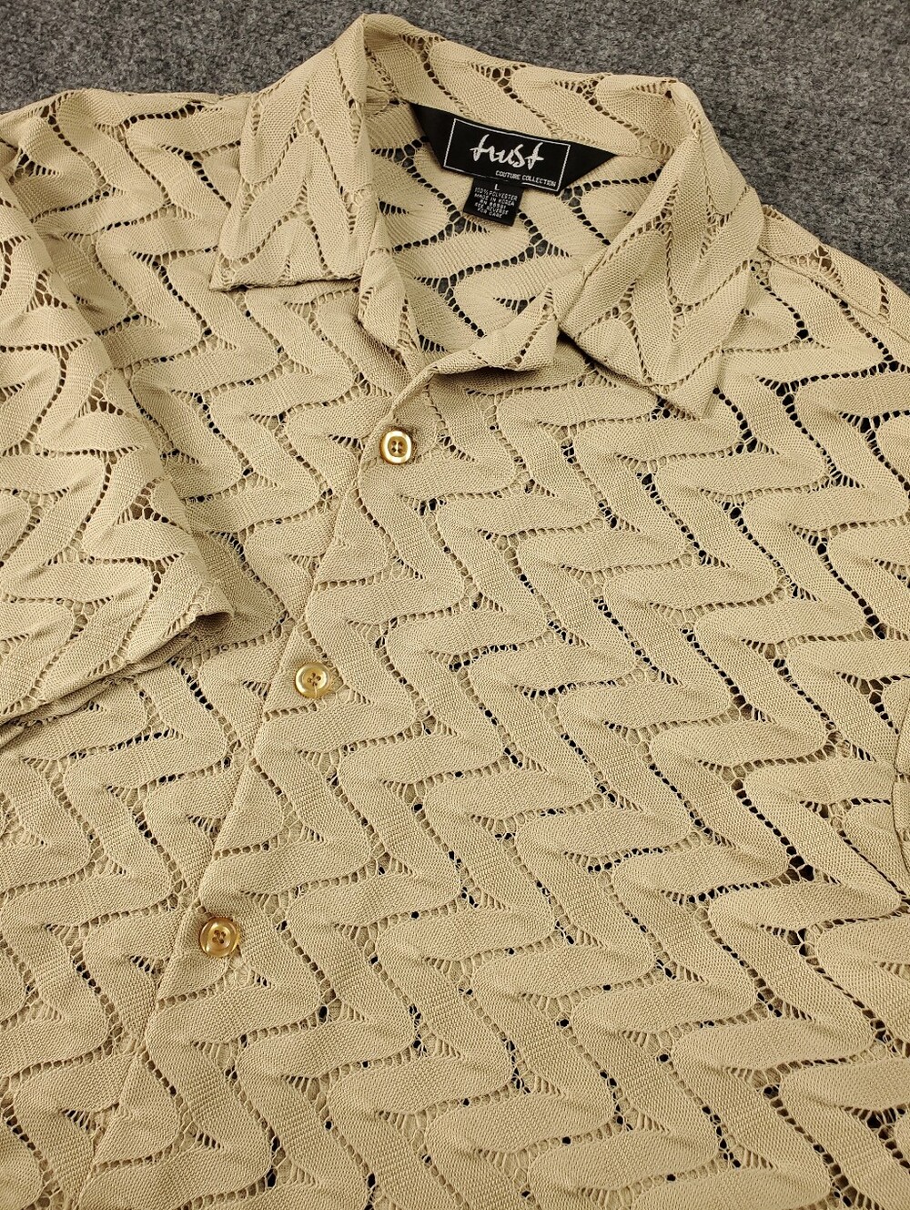 Vintage Trust Couture Open Knit Button Up Camp Shirt Large Crochet Rave Club